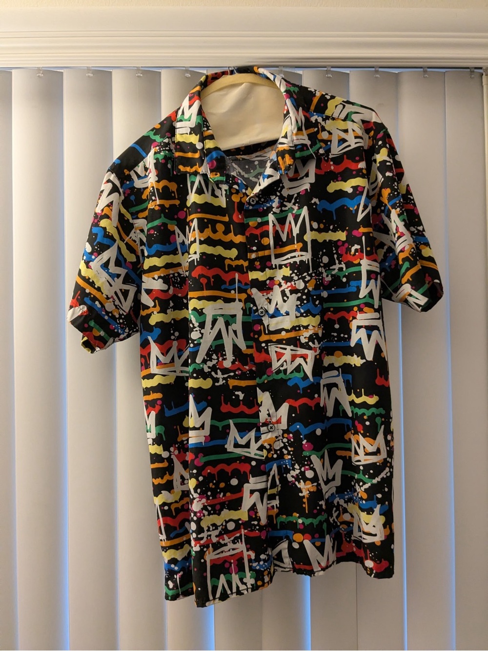 Black Multicolor Graphic Short-Sleeve Button-Down Shirt